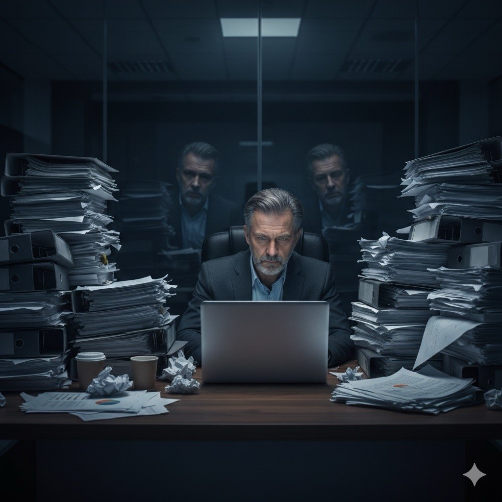 Un manager in un ufficio di notte, illuminato solo dallo schermo del laptop, con il volto stanco riflesso nel vetro, circondato da pile di documenti che simboleggiano il carico eccessivo.