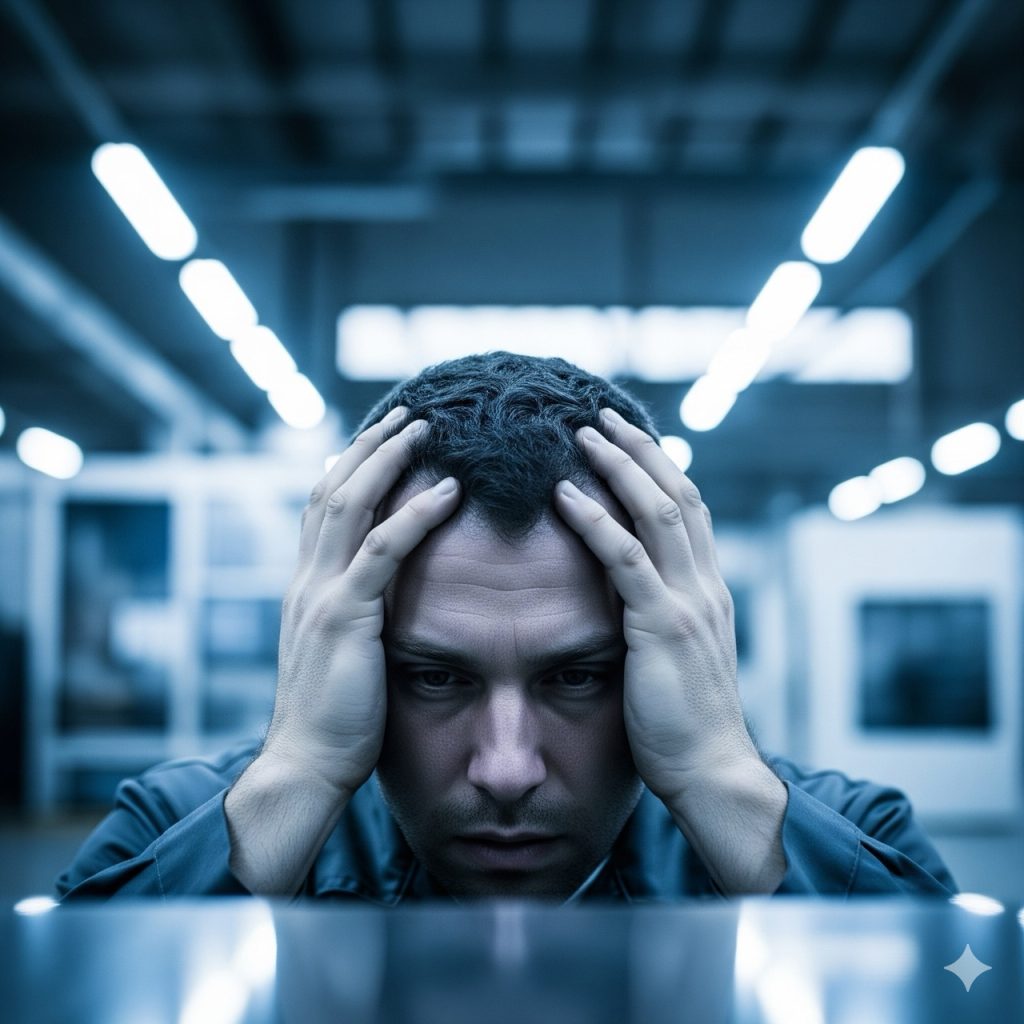 rischio psicosociale: Un impiegato seduto alla sua scrivania, le cui mani sono simbolicamente legate o intrappolate da catene invisibili o cavi del computer, suggerendo la mancanza di controllo. Fotografia iper-realistica.