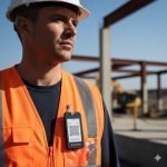 Decreto Sicurezza sul lavoro 2026: Primo Piano di un lavoratore edile in cantiere con l'elmetto, che mostra chiaramente il suo badge di riconoscimento digitale con codice univoco appeso al giubbotto ad alta visibilità. Luce solare intensa, messa a fuoco nitida.