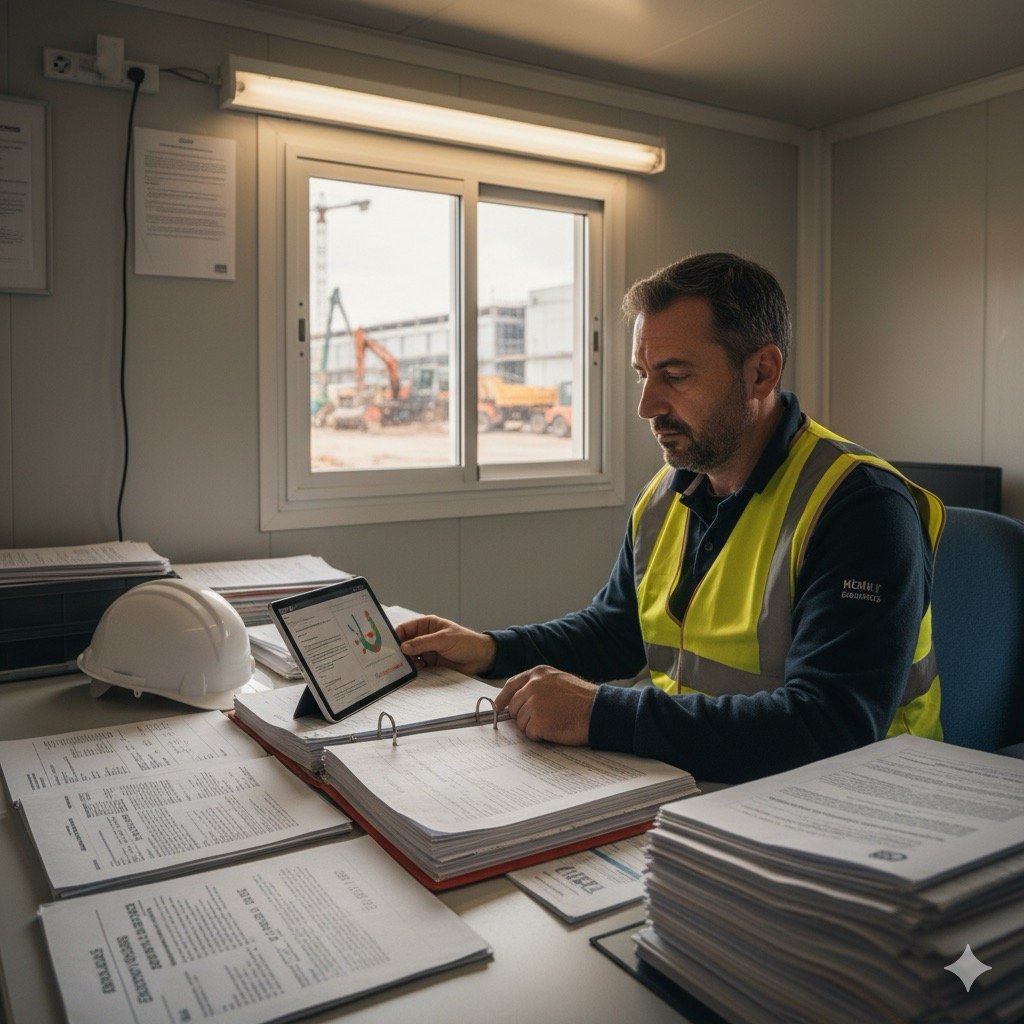 Decreto Sicurezza sul lavoro 2026: Un Rappresentante dei Lavoratori per la Sicurezza (RLS) che consulta con attenzione la documentazione relativa a un recente aggiornamento normativo, seduto in un ufficio di cantiere.