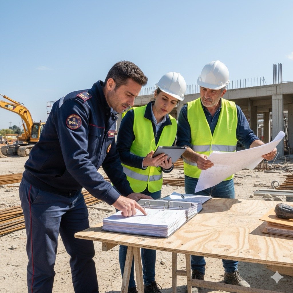 Decreto Sicurezza sul lavoro 2026: due ispettori in divisa (INAIL o Carabinieri) che esaminano attentamente i documenti di un datore di lavoro in un sito di subappalto. Scena realistica e dettagliata.