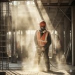 Malattia professionale : Un lavoratore con mascherina e occhiali di protezione che opera in un cantiere polveroso, con raggi di luce che evidenziano le particelle nell'aria, per rappresentare i rischi respiratori.