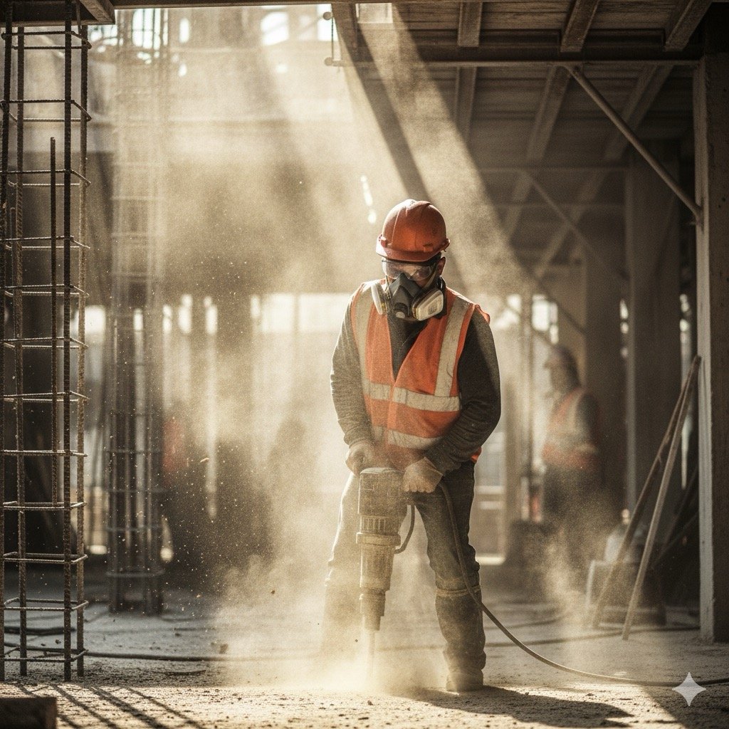 Malattia professionale : Un lavoratore con mascherina e occhiali di protezione che opera in un cantiere polveroso, con raggi di luce che evidenziano le particelle nell'aria, per rappresentare i rischi respiratori.