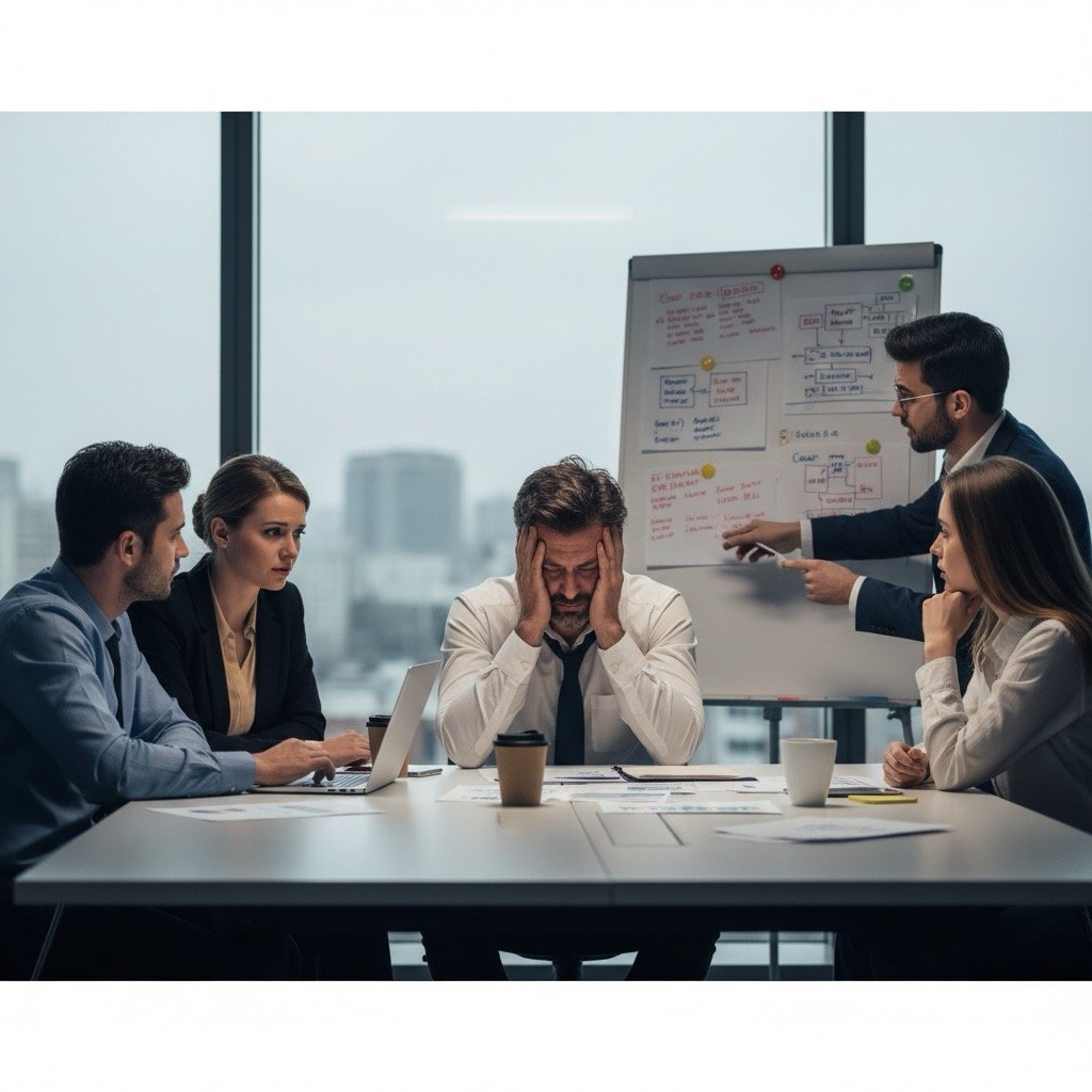 Malattia professionale: Un gruppo di colleghi seduti a una riunione, con uno di loro visibilmente stressato, con la testa tra le mani e un'espressione di affaticamento, per illustrare lo stress lavoro-correlato.
