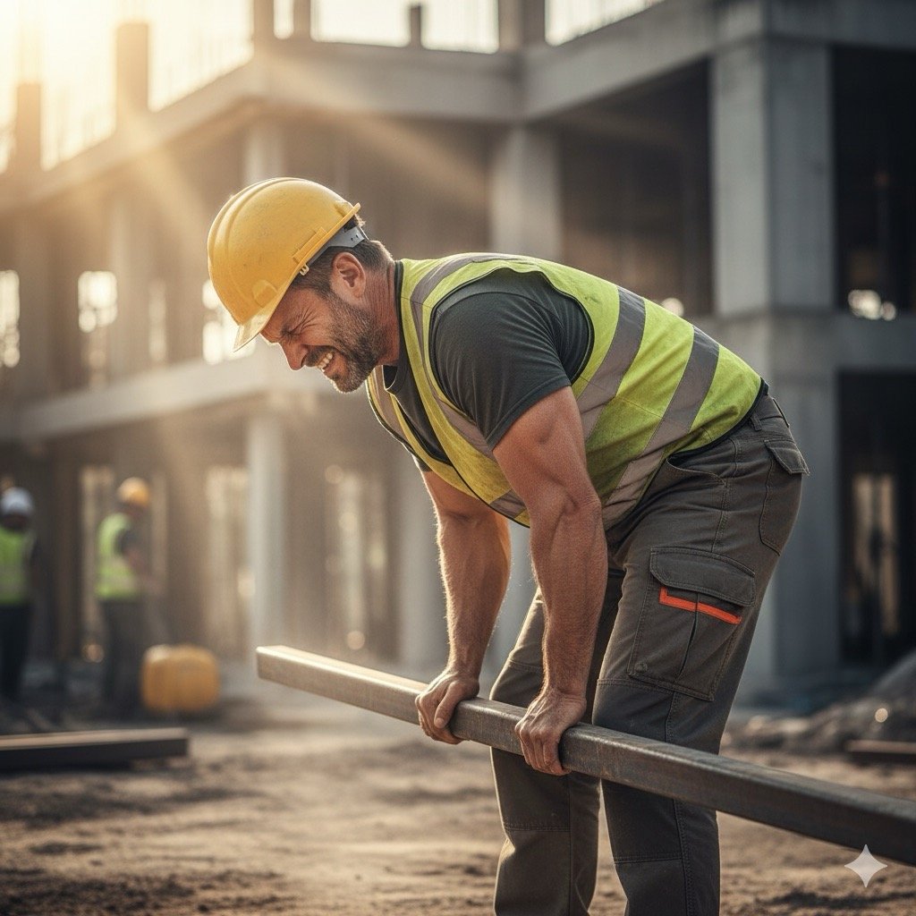 Malattia professionale: Un operaio edile che solleva un carico pesante con la schiena curva, mettendo in evidenza la tensione sui muscoli e la postura scorretta, per le patologie muscolo-scheletriche.
