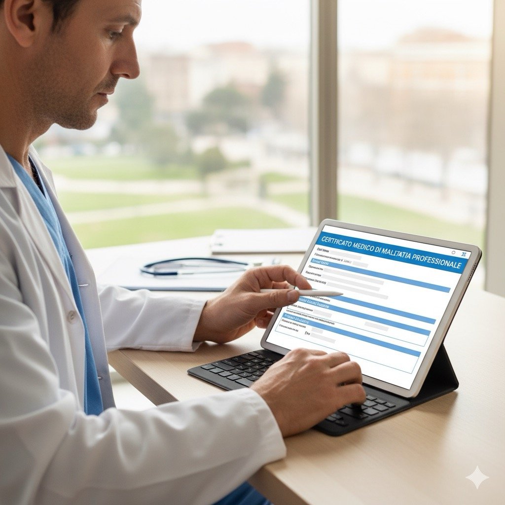 Malattia professionale: un medico che compila un certificato medico di malattia professionale digitale