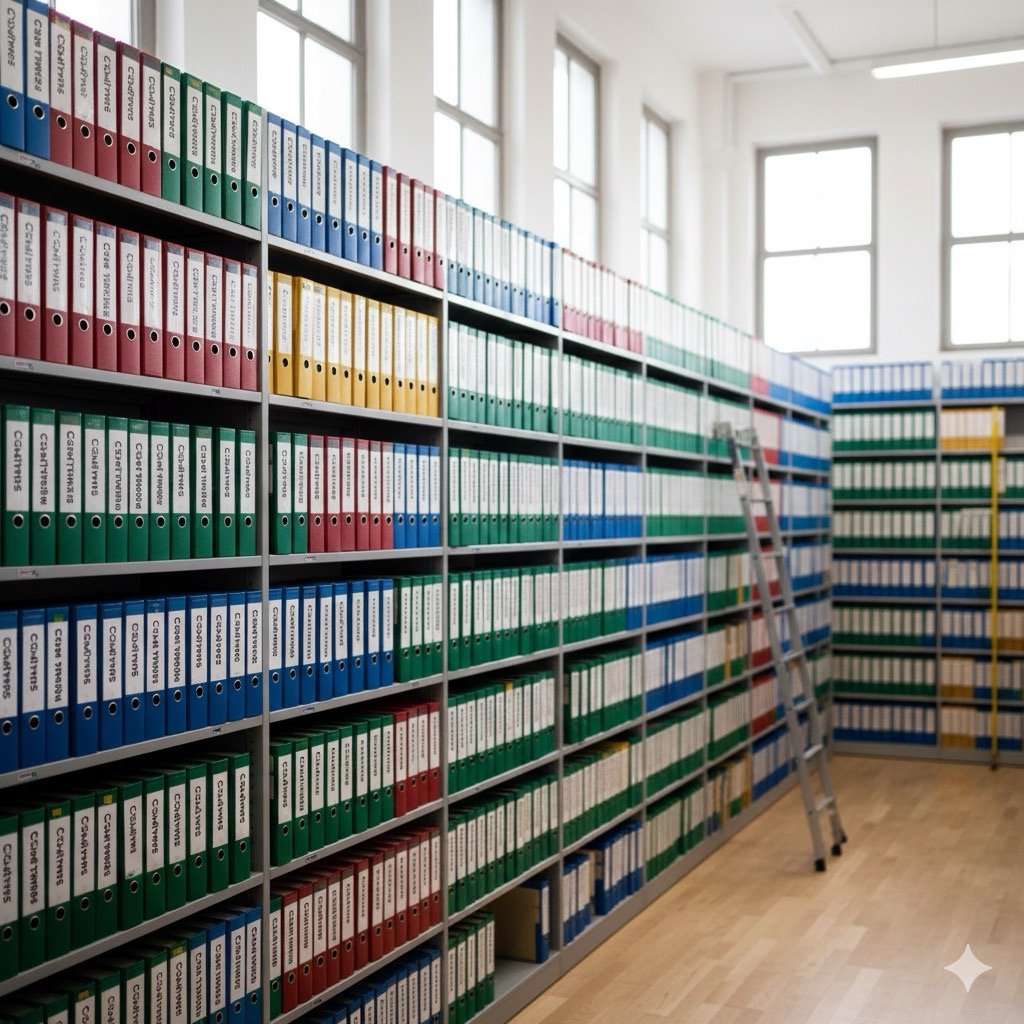 Conservazione cartella sanitaria: Archivio fisico ben organizzato con faldoni colorati etichettati come “Cartelle sanitarie”, illuminato da luce naturale, in un ambiente professionale.