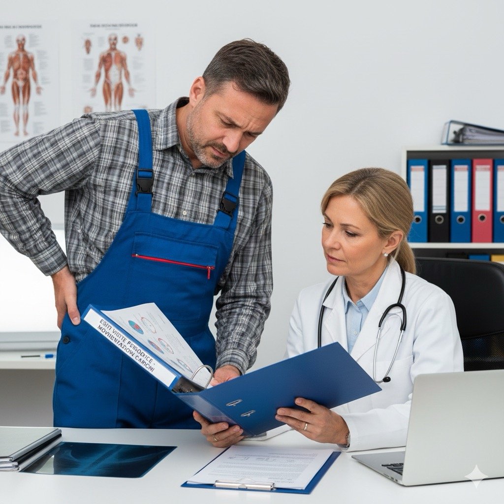 Conservazione cartella sanitaria: Un operaio con mal di schiena cronico che mostra al medico del lavoro i risultati di visite periodiche legate a movimentazione manuale dei carichi.
