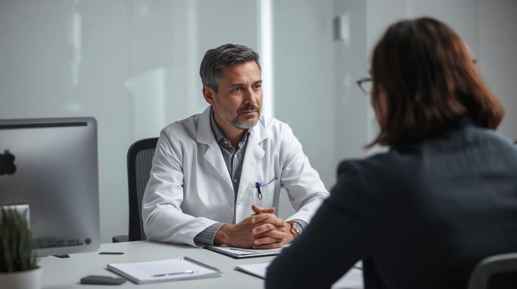 Stress Lavoro Correlato: Medico Competente (uomo o donna) in camice, seduto di fronte a una scrivania, mentre ascolta empaticamente un lavoratore. La scena deve trasmettere riservatezza e professionalità nella medicina del lavoro.