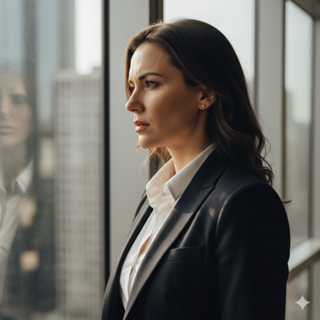 Stress Lavoro Correlato: Primo piano di una donna in piedi, vestita in modo professionale, che guarda fuori da una finestra.