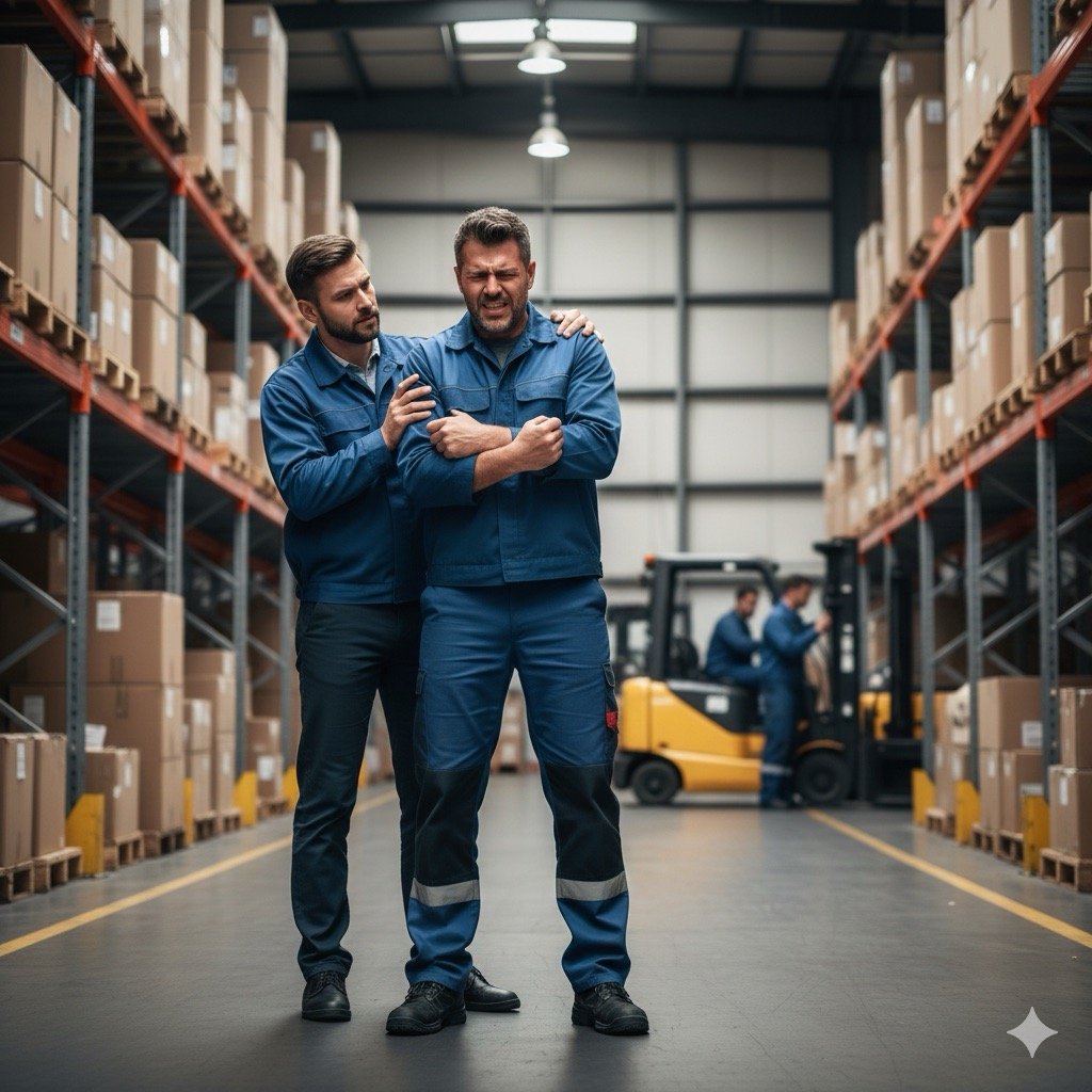 Infortunio sul lavoro:Un operaio che si stringe un braccio, con un'espressione di dolore, mentre un collega gli offre supporto in un magazzino industriale con scaffali alti e carrelli elevatori.