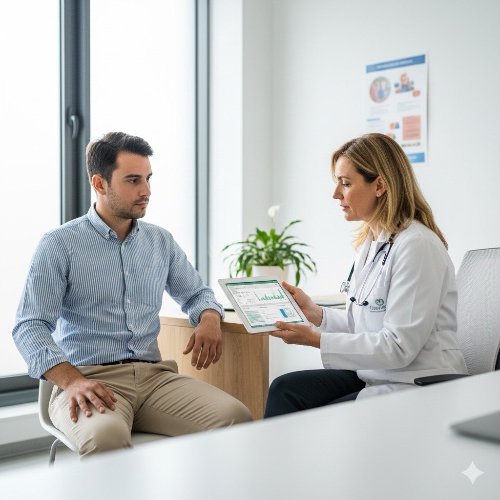Infortunio sul lavoro:Un medico competente in camice bianco che esamina un lavoratore (con abiti da ufficio), consultando una cartella clinica digitale su un tablet, in un ambiente ambulatoriale pulito e luminoso.