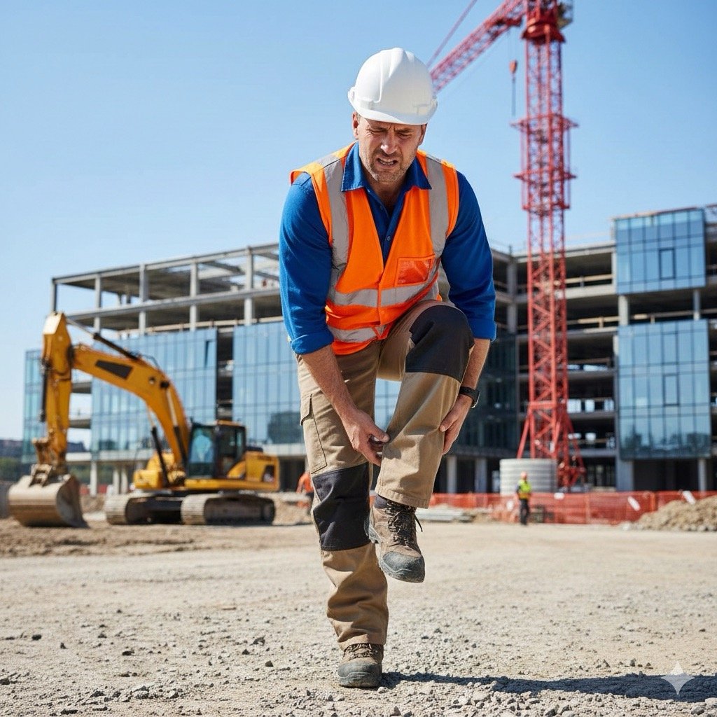 Infortunio sul lavoro: Un lavoratore edile con elmetto e giubbotto alta visibilità che si ferma improvvisamente, toccandosi una caviglia, su un cantiere moderno con macchinari sullo sfondo. Luce naturale diurna.