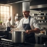 rischi nella ristorazione: Un cuoco concentrato, con uno sfondo sfocato di una cucina in piena attività, che solleva una pentola industriale molto pesante con uno sforzo evidente, mettendo in luce il rischio di Movimentazione Manuale Carichi (MMC). Fotografia iperrealistica, luce naturale.