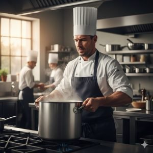 rischi nella ristorazione: Un cuoco concentrato, con uno sfondo sfocato di una cucina in piena attività, che solleva una pentola industriale molto pesante con uno sforzo evidente, mettendo in luce il rischio di Movimentazione Manuale Carichi (MMC). Fotografia iperrealistica, luce naturale.