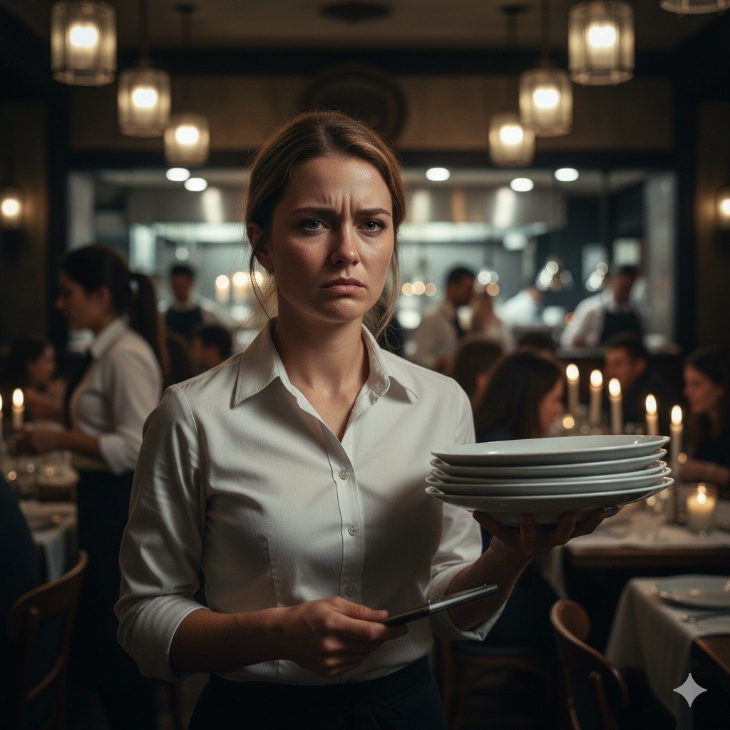 rischi nella ristorazione: Un operatore di sala (cameriere/a) con un'espressione di evidente stanchezza e frustrazione, in piedi in un ristorante affollato durante il "rush" serale. L'illuminazione deve enfatizzare lo stress lavoro-correlato.