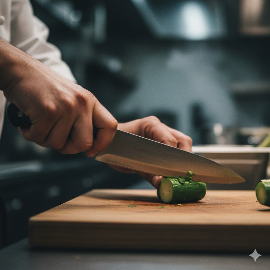 rischi nella ristorazione: Un dettaglio ravvicinato delle mani di un cuoco che utilizza un coltello molto affilato con grande velocità. La scena è leggermente mossa per suggerire il movimento e il rischio di taglio in cucina.
