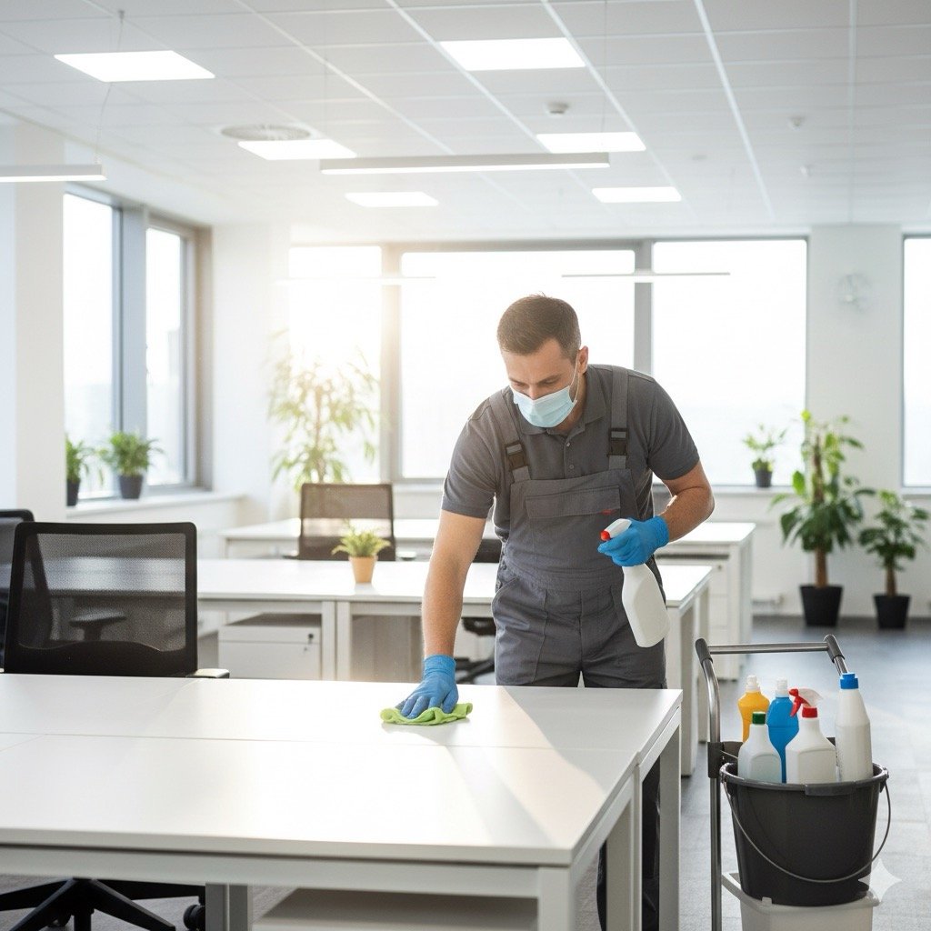 Rischi igienico sanitari: Addetto alle pulizie che sanifica con attenzione le superfici di un ufficio open space, con prodotti disinfettanti, guanti e mascherina, in un ambiente luminoso e moderno.