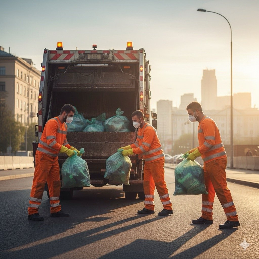 Rischi igienico sanitari: Gruppo di operatori ecologici in divisa arancione con DPI completi (mascherine, guanti, tute) che caricano rifiuti urbani in un camion della raccolta, al mattino presto in una strada cittadina.