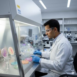 Rischi igienico sanitari: Tecnico di laboratorio con camice protettivo, occhiali e guanti mentre manipola colture batteriche in cappa di biosicurezza, in un laboratorio moderno con luci al neon e strumentazione scientifica.