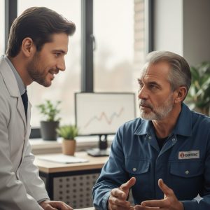 cosa dire al medico del lavoro: Fotografia ravvicinata di un medico del lavoro che ascolta un operaio in tuta da lavoro durante l'anamnesi.
