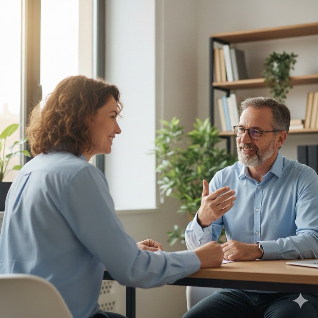 cosa dire al medico del lavoro: Un lavoratore seduto di fronte al medico, con un'espressione che comunica sollievo mentre discute dei propri livelli di stress.