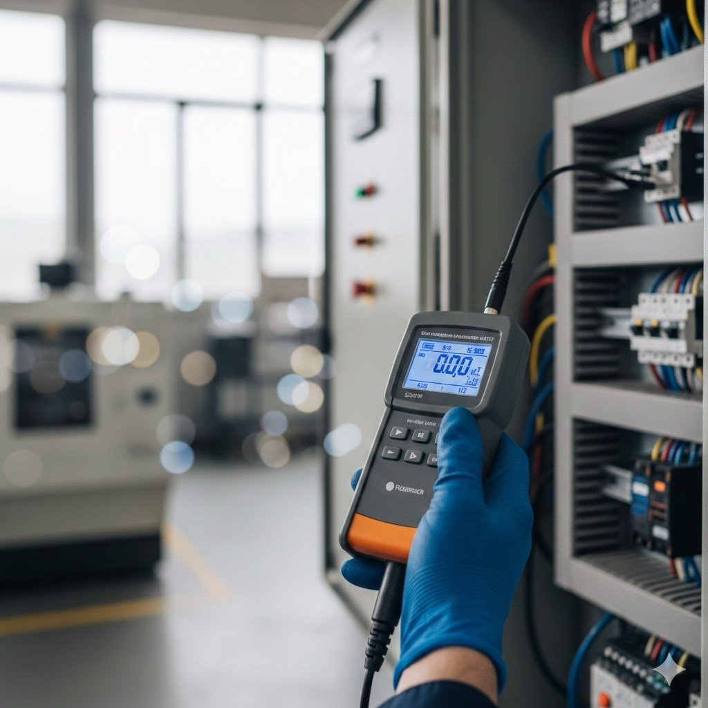 Rischio Elettromagnetico: Fotografia macro di un misuratore di campo elettromagnetico digitale tenuto da un tecnico con guanti protettivi, mentre rileva segnali vicino a un quadro elettrico industriale. Sfocato cinematografico sullo sfondo.