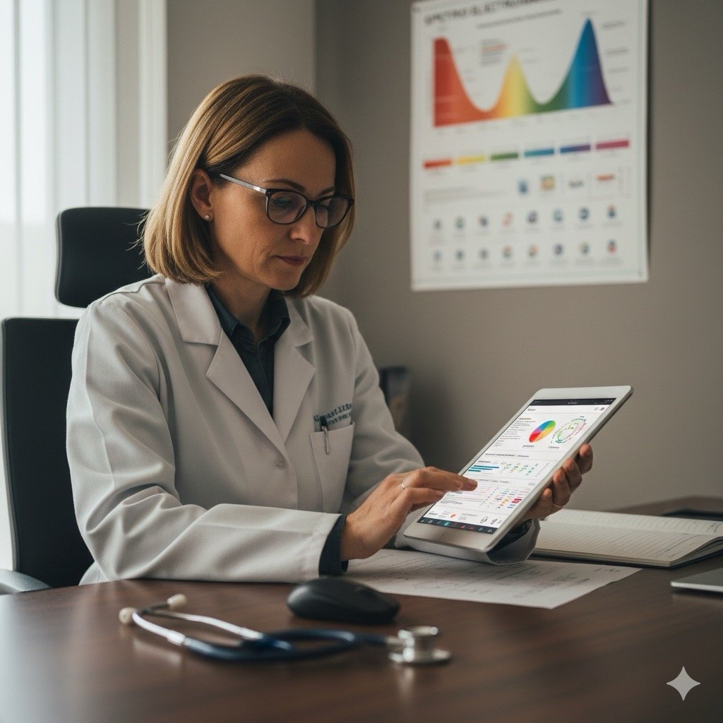 Rischio Elettromagnetico: Medico del lavoro che esamina una cartella sanitaria digitale su un tablet, con uno stetoscopio sulla scrivania e un poster informativo sullo spettro elettromagnetico appeso alla parete