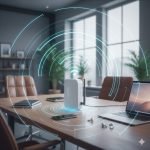 Rischio Elettromagnetico: Interno di un ufficio moderno con un focus su un router Wi-Fi e dispositivi elettronici, con una sovrapposizione grafica elegante di onde azzurre invisibili che rappresentano le radiazioni non ionizzanti.