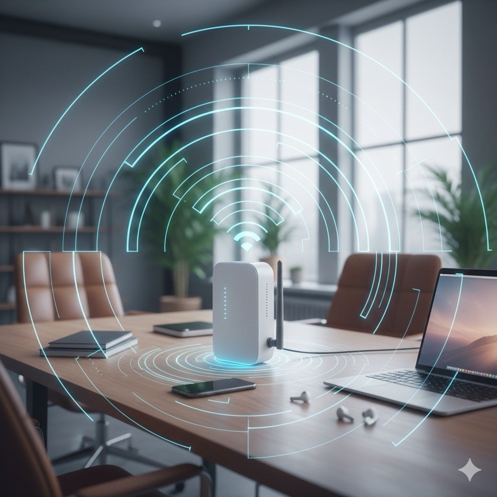 Rischio Elettromagnetico: Interno di un ufficio moderno con un focus su un router Wi-Fi e dispositivi elettronici, con una sovrapposizione grafica elegante di onde azzurre invisibili che rappresentano le radiazioni non ionizzanti.