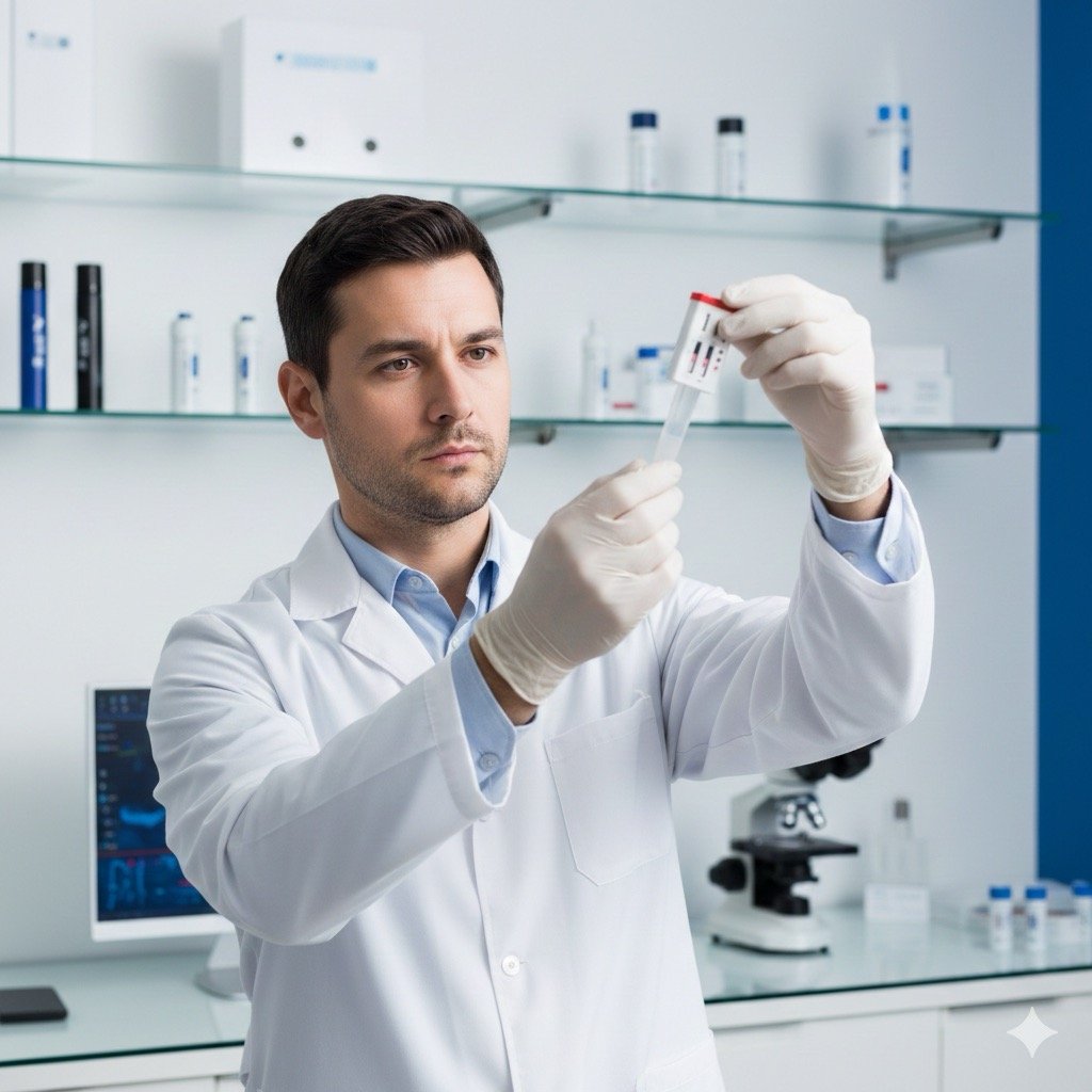 Sert: Un medico del lavoro in camice bianco che esegue un test antidroga su un campione di urine in un ambulatorio aziendale moderno, con strumenti clinici sullo sfondo e un’espressione attenta.