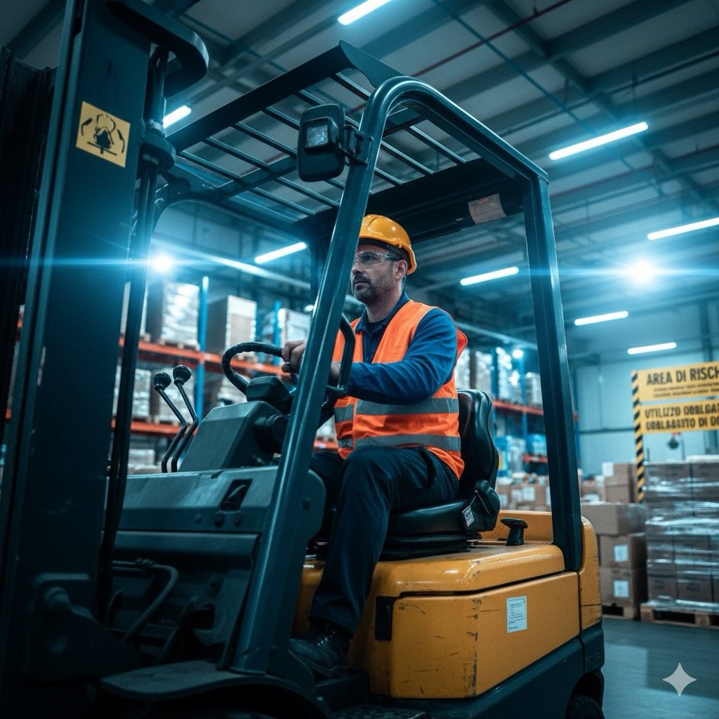 Sert: Un operatore alla guida di un muletto in un magazzino industriale illuminato al neon, con espressione concentrata e segnaletica di sicurezza visibile sullo sfondo.