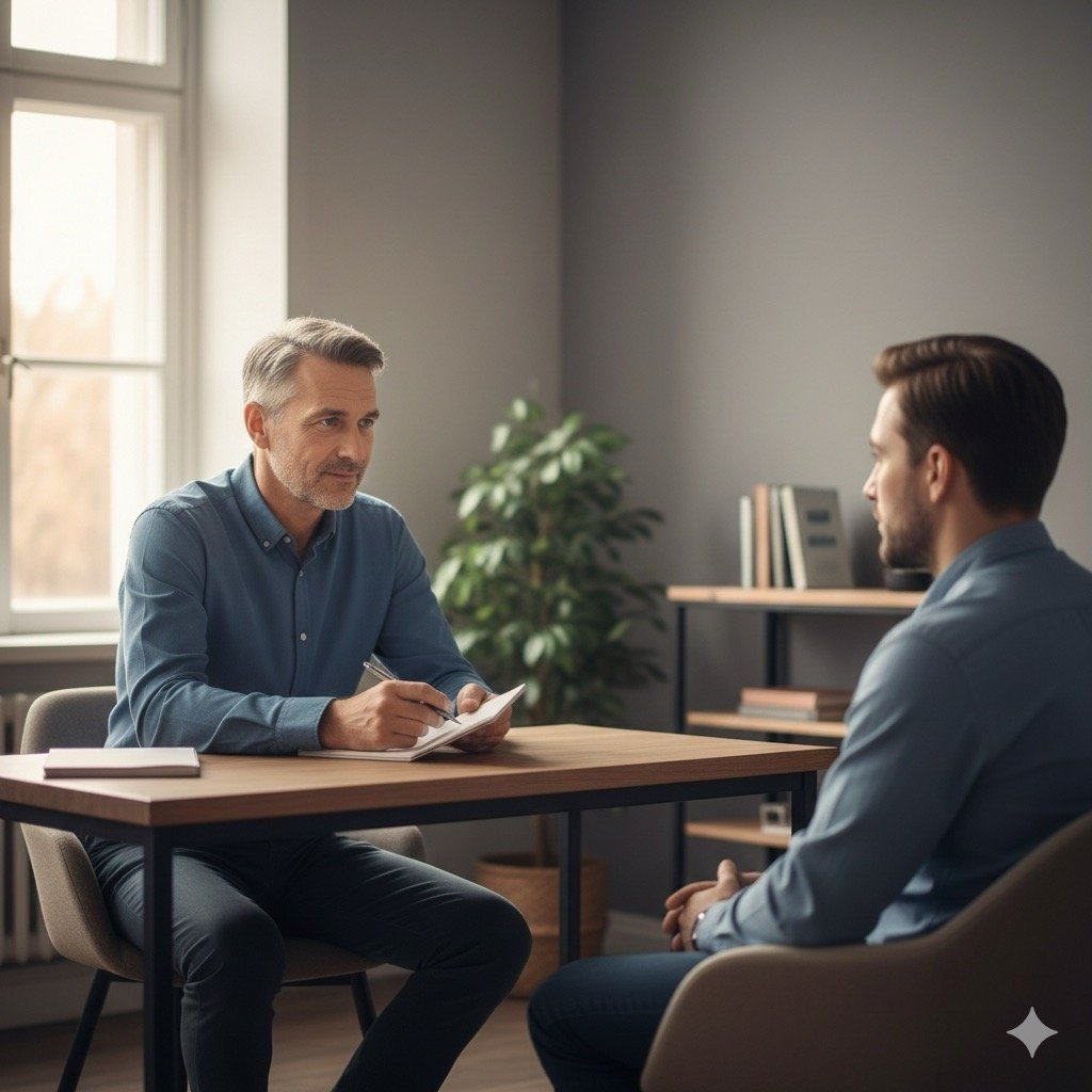 Sert: Un colloquio riservato tra uno psicologo specializzato in dipendenze e un paziente in uno studio sobrio, con luce naturale che filtra da una finestra.