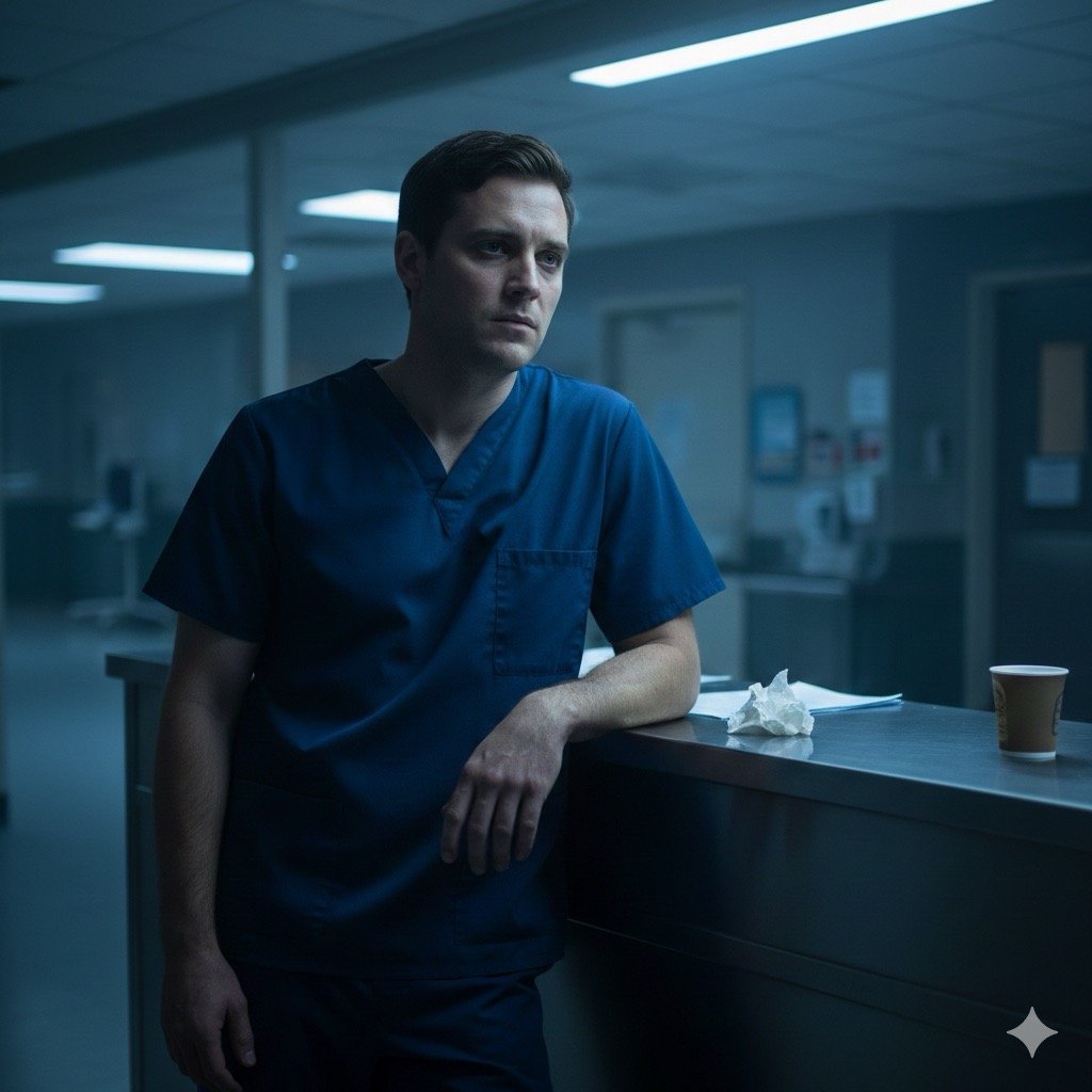 Rischi del lavoro notturno: Un infermiere esausto con uniforme da turno notturno, appoggiato a un bancone dell’ospedale alle 3 del mattino, illuminazione fredda al neon, occhiaie evidenti, sguardo stanco ma vigile.