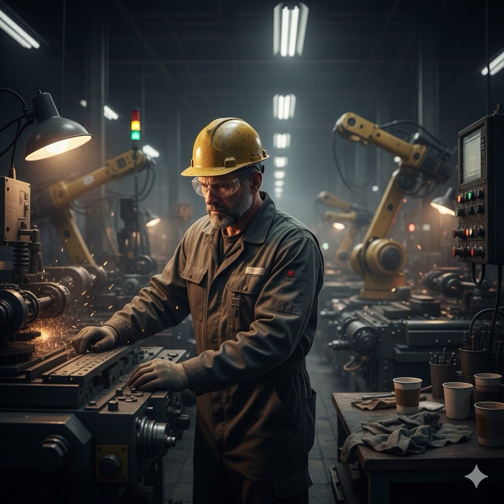 Rischi del lavoro notturno: Operaio su una linea di produzione industriale durante la notte, circondato da macchinari accesi, luci intense ma ombre profonde, espressione concentrata ma affaticata.