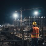 Rischi del lavoro notturno:Lavoratore over 50 con casco giallo in un cantiere notturno, mentre sta lavorando, sotto luci artificiali potenti, mani appoggiate a una ringhiera metallica, di spalle si vede il cantiere molto grande.