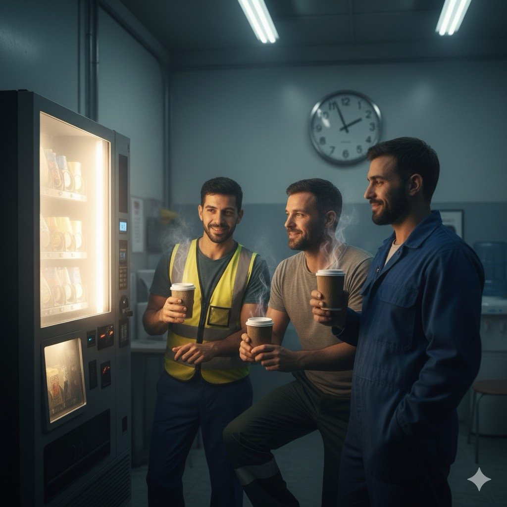 Rischi del lavoro notturno:Gruppo di lavoratori notturni in pausa caffè, vicino a un distributore del caffe mentre parlano tra loro,l' orologio a muro che indica le 2:30, tazze fumanti, espressioni rilassate ma stanche.