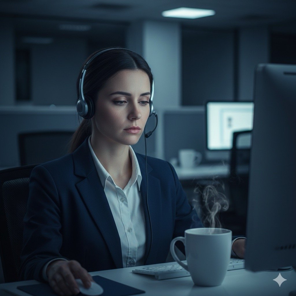 Rischi del lavoro notturno:Operatrice di call center notturno con cuffie, schermo illuminato, occhi socchiusi per la stanchezza, scrivania ordinata ma con tazza di caffè.