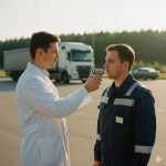 Nuove norme 2026 su alcol e droghe sul lavoro: Un medico del lavoro in camice bianco che esegue un test rapido con etilometro su un autista in divisa, in un’area di sosta aziendale illuminata dal sole del mattino