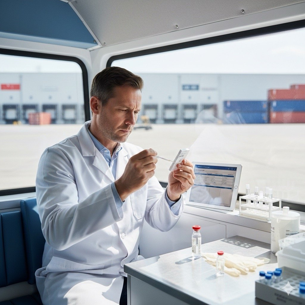 Nuove norme 2026 su alcol e droghe sul lavoro: Medico del lavoro che analizza un campione salivare con un kit di screening in un furgone attrezzato come ambulatorio mobile, parcheggiato in un’area logistica.