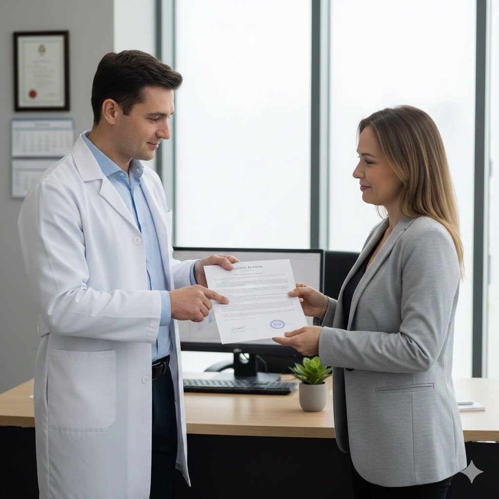 Tutela dei lavoratori fragili e Legge 106/25: Un medico del lavoro che consegna una certificazione a un dipendente in ufficio in ambiente professionale neutro