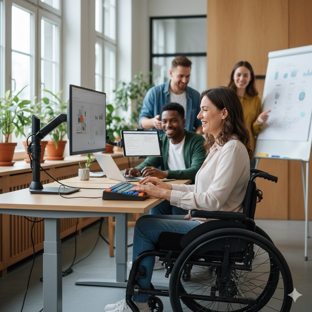 Tutela dei lavoratori fragili e Legge 106/25: Una persona con disabilità motoria che utilizza un computer in un ambiente di lavoro inclusivo, con ausili tecnologici e colleghi collaborativi sullo sfondo