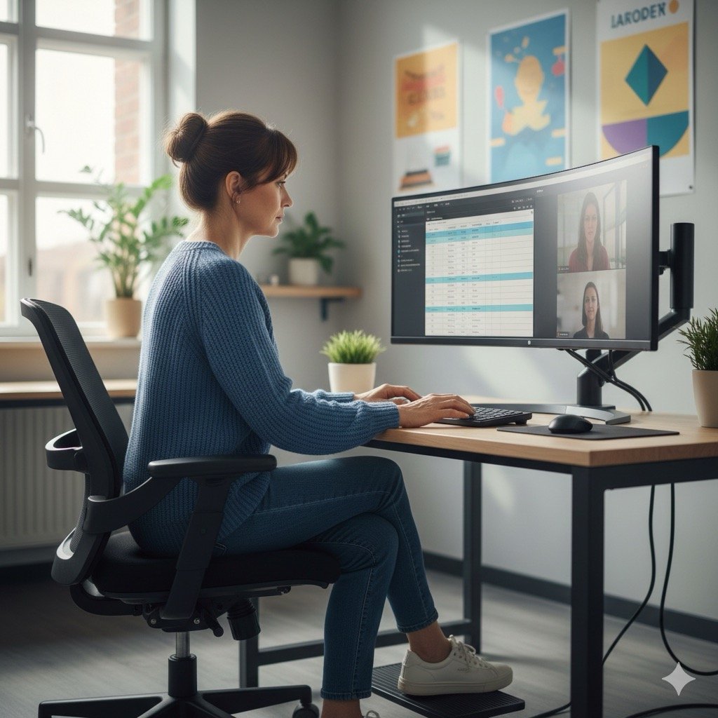 Sorveglianza Sanitaria nelle Scuole: Docente al computer in una postazione ergonomica all’interno di una scuola, con luce naturale e schermo antiriflesso – stile fotografia documentaristica.