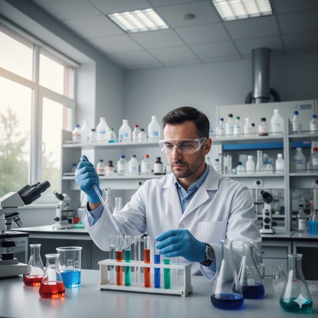 Sorveglianza Sanitaria nelle Scuole: Tecnico di laboratorio scolastico che indossa guanti e occhiali protettivi mentre manipola sostanze chimiche in un laboratorio ben organizzato.