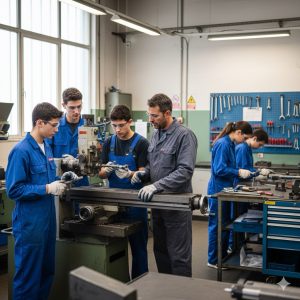 Sorveglianza Sanitaria nelle Scuole: Gruppo di studenti in PCTO (ex Alternanza Scuola Lavoro) impegnati in un laboratorio meccanico sotto la supervisione di un tutor, tutti con DPI adeguati.