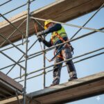 Rischi nelle imprese edili: Inquadratura dal basso di un operaio assicurato correttamente con imbracatura di sicurezza mentre lavora su un ponteggio a norma a oltre 2 metri di altezza.