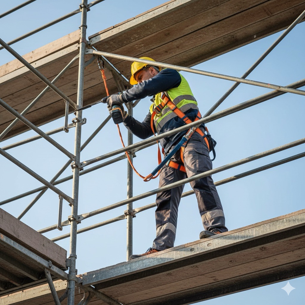 Rischi nelle imprese edili: Inquadratura dal basso di un operaio assicurato correttamente con imbracatura di sicurezza mentre lavora su un ponteggio a norma a oltre 2 metri di altezza.