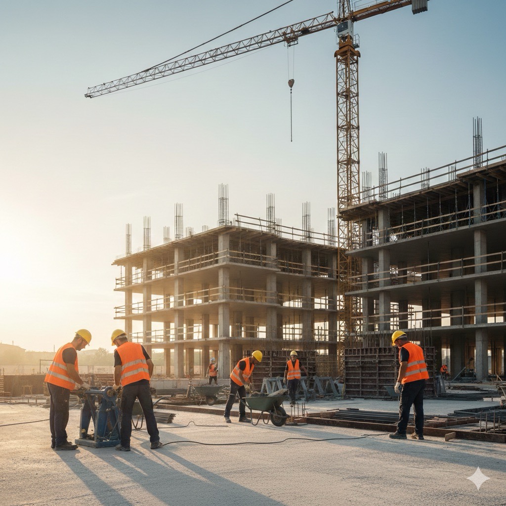 Rischi nelle imprese edili: Fotografia realistica di un cantiere edile moderno e organizzato, con operai che indossano DPI completi, caschi gialli e giubbotti riflettenti, mentre stanno lavorando