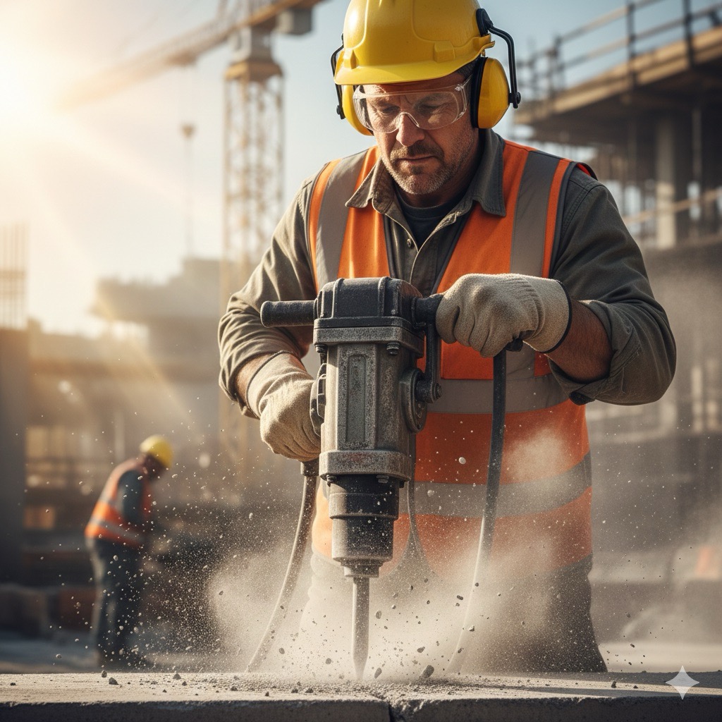 Rischi nelle imprese edili: Primo piano cinematografico di un operaio che utilizza un martello pneumatico indossando cuffie antirumore professionali e occhiali protettivi, con polvere e detriti in movimento.