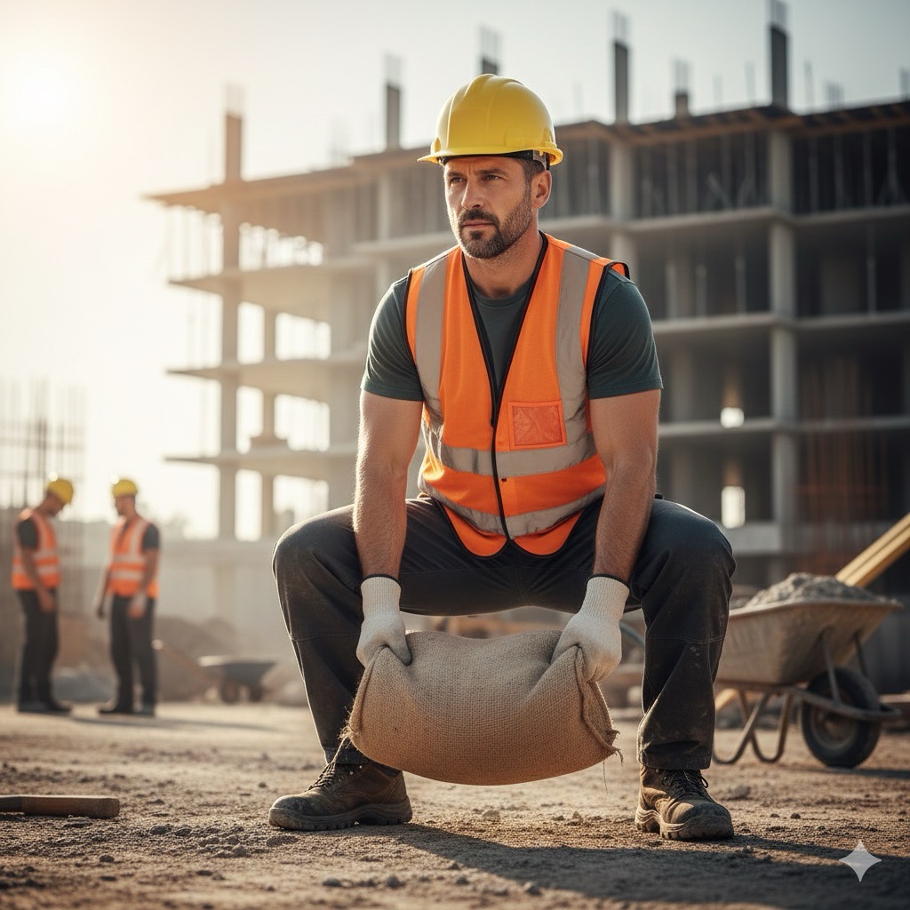 Rischi nelle imprese edili: Un lavoratore edile che solleva un sacco di cemento utilizzando la tecnica corretta (gambe piegate e schiena dritta) per prevenire lesioni muscolo-scheletriche.